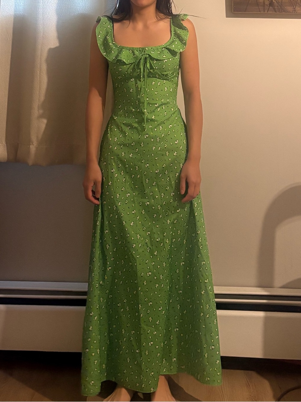 Green Floral Maxi Dress with Ruffle Tie-Neck